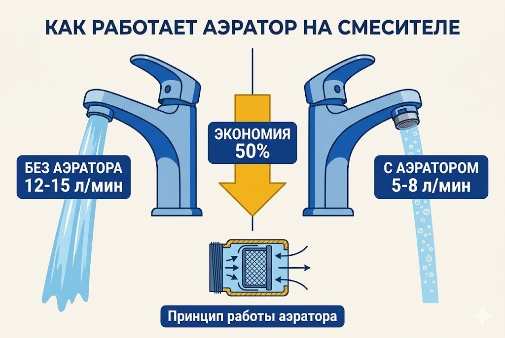 Инфографика: как работает аэратор на смесителе — сравнение расхода воды без аэратора (12-15 л/мин) и с аэратором (5-8 л/мин), экономия 50%